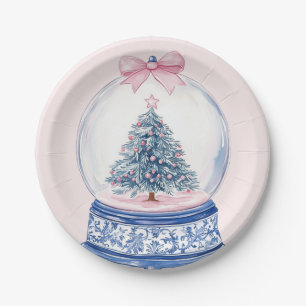 Grandmillennial Pink & Blue Damask Snow Wereldbol Papieren Bordje