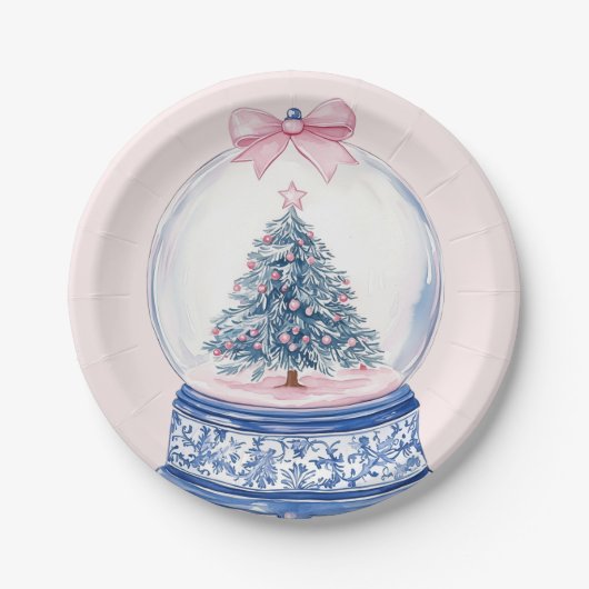 Grandmillennial Pink & Blue Damask Snow Wereldbol Papieren Bordje (Voorkant)
