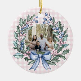 Grandmillennial Pink & Blue Holly Kerstfoto Keramisch Ornament