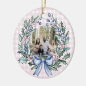 Grandmillennial Pink & Blue Holly Kerstfoto Keramisch Ornament (Links)
