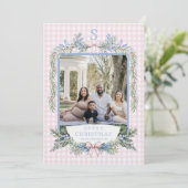 Grandmillennial Pink & Blue Holly Kerstmis Kaart (Staand voorkant)