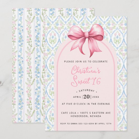 Grandmillennial Pink Bow Coquette Sweet 16 Kaart (Voorkant / Achterkant)