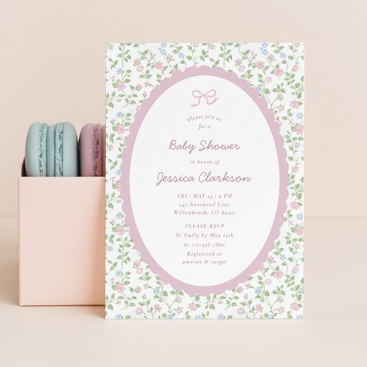 Grandmillennial Pink Bow Floral Baby Shower INVITE Aankondiging