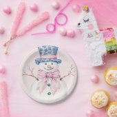 Grandmillennial Pink en Blue Damask Snowman Papieren Bordje (Feest)