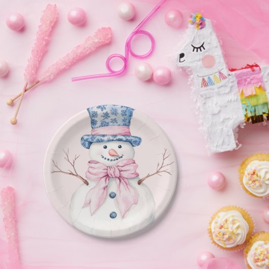 Grandmillennial Pink en Blue Damask Snowman Papieren Bordje (Feest)
