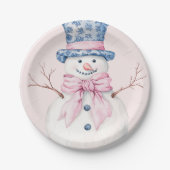 Grandmillennial Pink en Blue Damask Snowman Papieren Bordje (Voorkant)