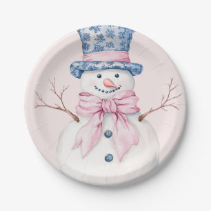 Grandmillennial Pink en Blue Damask Snowman Papieren Bordje