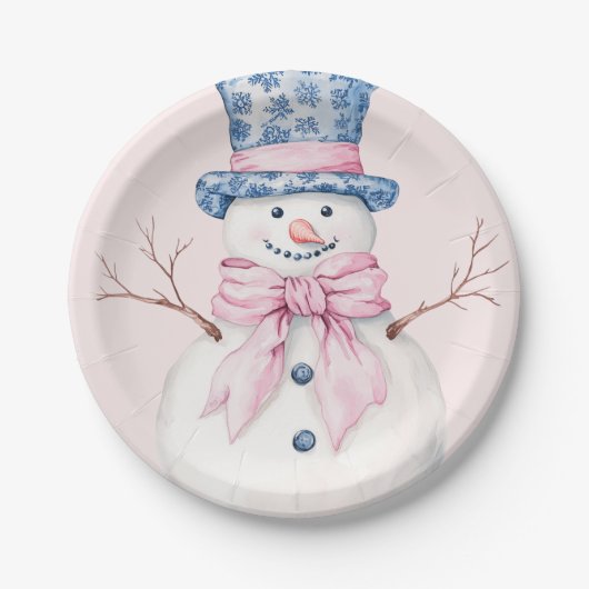 Grandmillennial Pink en Blue Damask Snowman Papieren Bordje (Voorkant)