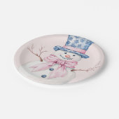 Grandmillennial Pink en Blue Damask Snowman Papieren Bordje (Gekanteld)