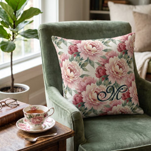 Grandmillennial Pioenrozen Roze Crème Monogram Kussen