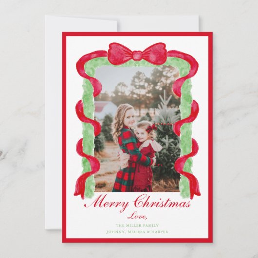Grandmillennial Preppy Red Bow Garland Foto Feestdagenkaart (Voorkant)