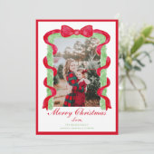 Grandmillennial Preppy Red Bow Garland Foto Feestdagenkaart (Staand voorkant)