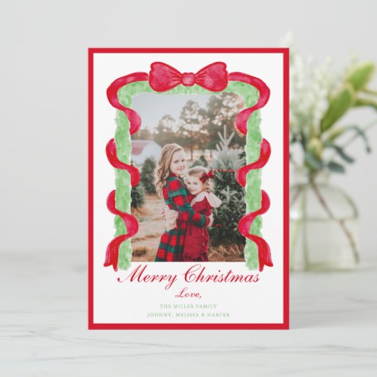 Grandmillennial Preppy Red Bow Garland Foto Feestdagenkaart (Staand voorkant)