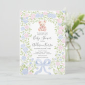 Grandmillennial roze beren babyshower uitnodiging (Staand voorkant)