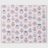 Grandmillennial Roze & Blauwe Coquette Bow Ornamen Cadeaupapier (Vlak)