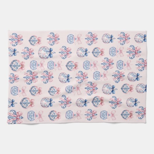 Grandmillennial Roze & Blauwe Kerst Ornamenten Theedoek (Horizontaal)