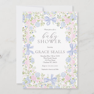Grandmillennial roze en blauwe babyshower uitnodig kaart