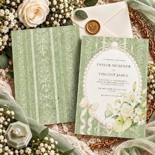 Grandmillennial Saliegroen Bloemrijke Elegante Tro Kaart