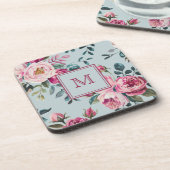 Grandmillennial Stof Roze Bloem Gebreide Monogram Bier Onderzetter (Linkerzijde)