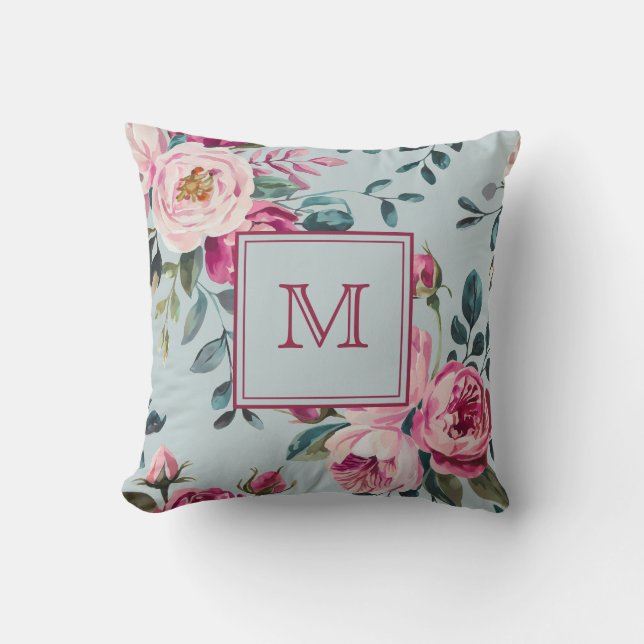Grandmillennial Stof Roze Bloem Gebreide Monogram Kussen (Voorkant)