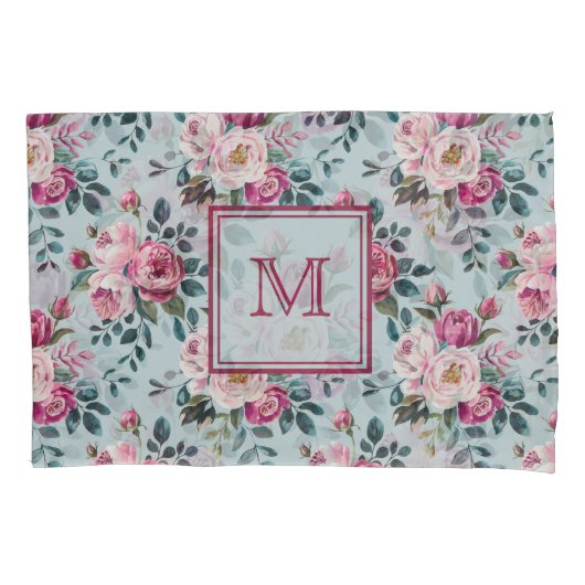 Grandmillennial Stof Roze Bloem Gebreide Monogram Kussensloop (Voorkant)