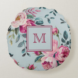 Grandmillennial Stof Roze Bloem Gebreide Monogram Rond Kussen