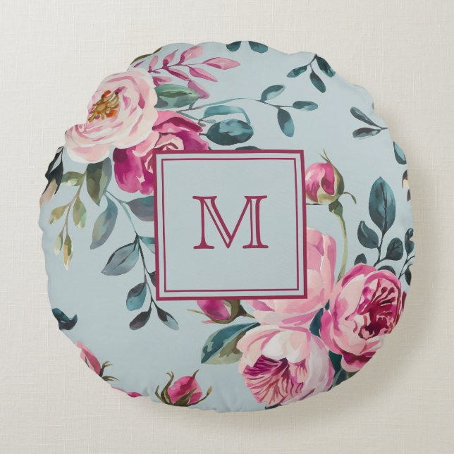Grandmillennial Stof Roze Bloem Gebreide Monogram Rond Kussen (Voorkant)