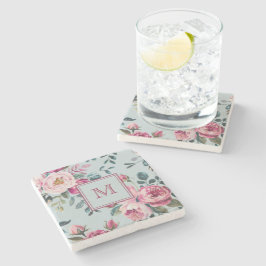 Grandmillennial Stof Roze Bloemen Aangepast Monogr Stenen Onderzetter