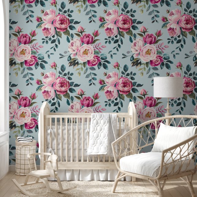 Grandmillennial Stof Roze Bloemmotief Behang (Kinderen)