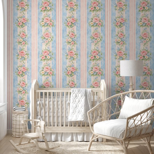 Grandmillennial Stripe Floral Blue Pink Wallpaper Behang (Kinderen)