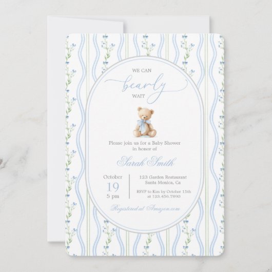 Grandmillennial Teddy Bear Baby shower Boy Kaart (Voorkant)