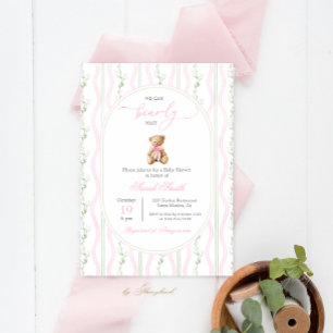 Grandmillennial Teddy Bear Baby shower Girl Kaart
