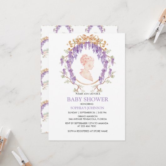 Grandmillennial Wisteria Baby Shower Invitation Kaart (Voorkant / Achterkant in situ)