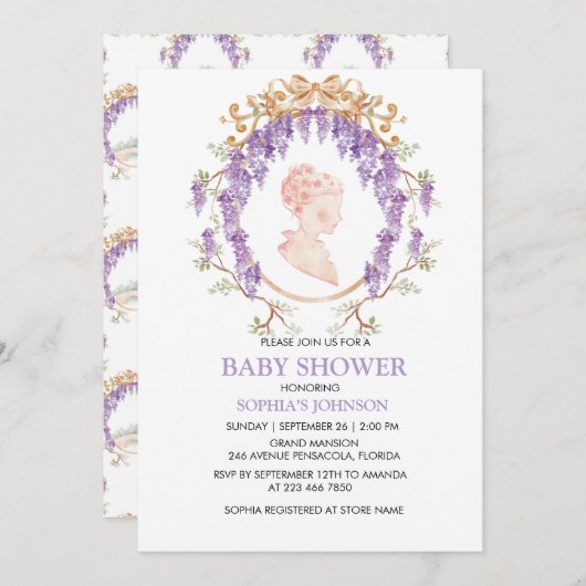 Grandmillennial Wisteria Baby Shower Invitation Kaart (Voorkant / Achterkant)