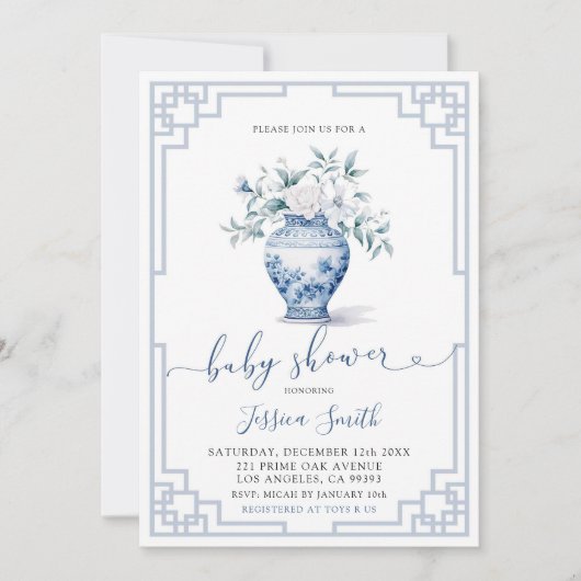 Grandmillennial Wit Bloemen Blauw Ginger Baby Kaart (Voorkant)