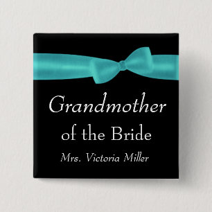 GRANDMOTHER of BRIDE Aqua Bow Wedding Custom Name Vierkante Button 5,1 Cm