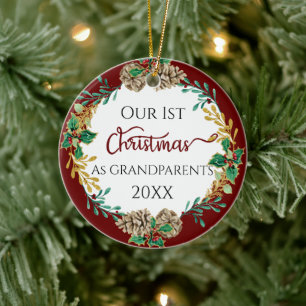 Grandouders First Christmas Holly Pine Cone Photo Keramisch Ornament