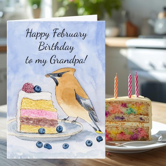 Grandpa Happy February Birthday Cedar Waxwing Cake Kaart