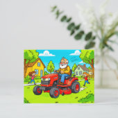 Grandpa mowing the lawn on a ride-on tractor feestdagenkaart (Staand voorkant)