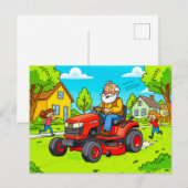 Grandpa mowing the lawn on a ride-on tractor feestdagenkaart (Voorkant / Achterkant)