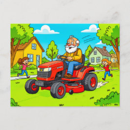Grandpa mowing the lawn on a ride-on tractor feestdagenkaart