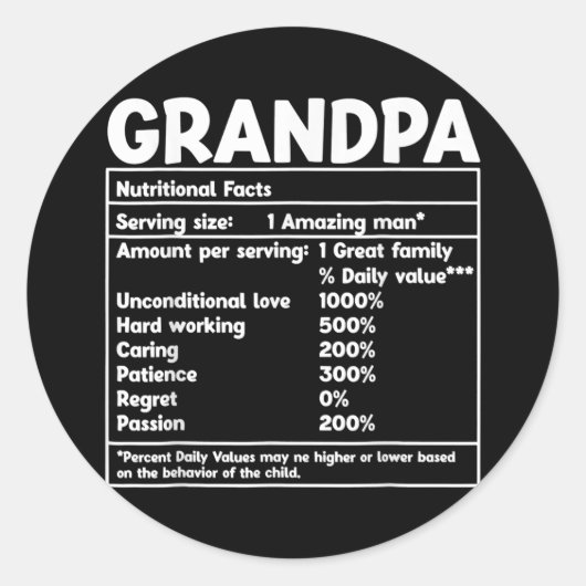 Grandpa Nutritional Facts Funny vaderdag Ronde Sticker (Voorkant)