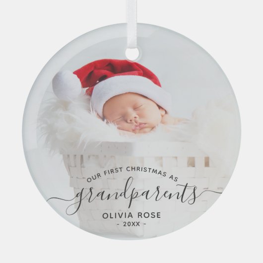Grandparents First Christmas Photo Black Script Glas Ornament (Voorkant)