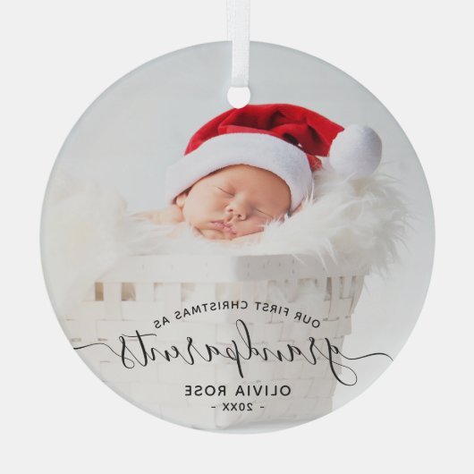 Grandparents First Christmas Photo Black Script Glas Ornament (Achterkant)