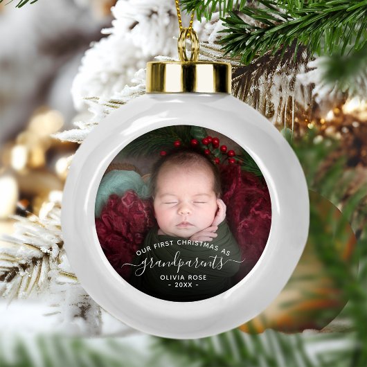Grandparents First Christmas Photo White Script Keramische Bal Ornament