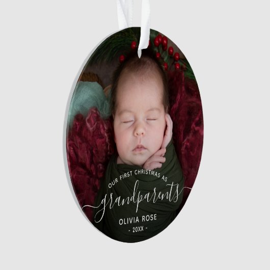 Grandparents First Christmas Photo White Script Ornament (voorkant)