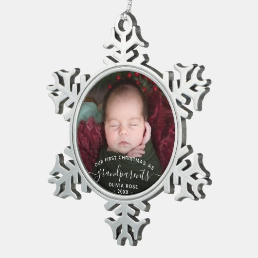 Grandparents First Christmas Photo White Script Tin Sneeuwvlok Ornament (Rechts)