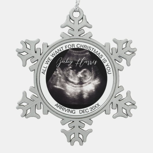 Grandparents Pregnancy Reveal Ultrasound Photo Tin Sneeuwvlok Ornament (Voorkant)