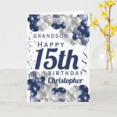 Grandson 15th Birthday Navy Balloon Kaart (Gele Bloem)