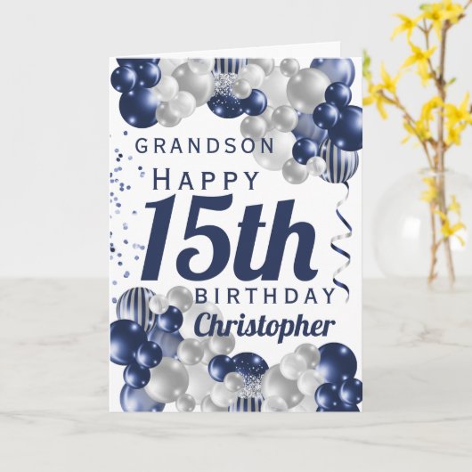 Grandson 15th Birthday Navy Balloon Kaart (Gele Bloem)